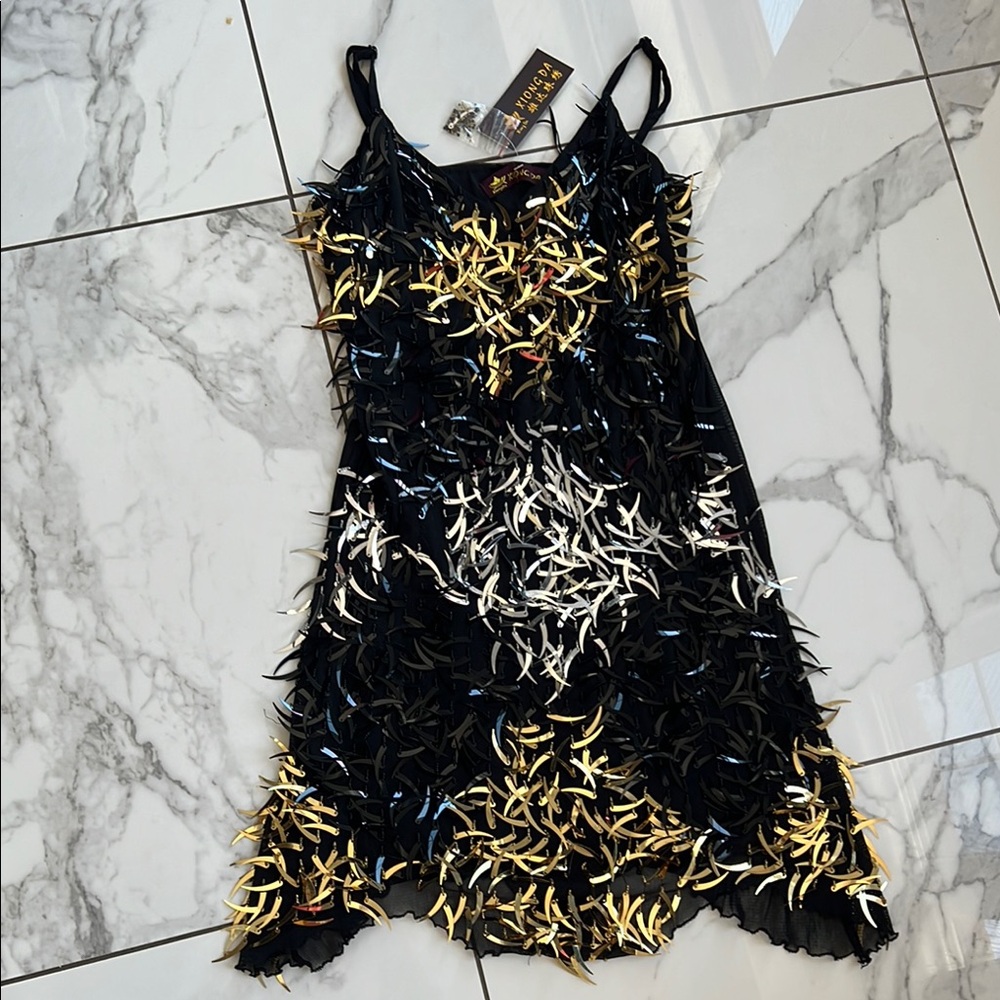 Black Dress with Gold and Silver Leaf Accents